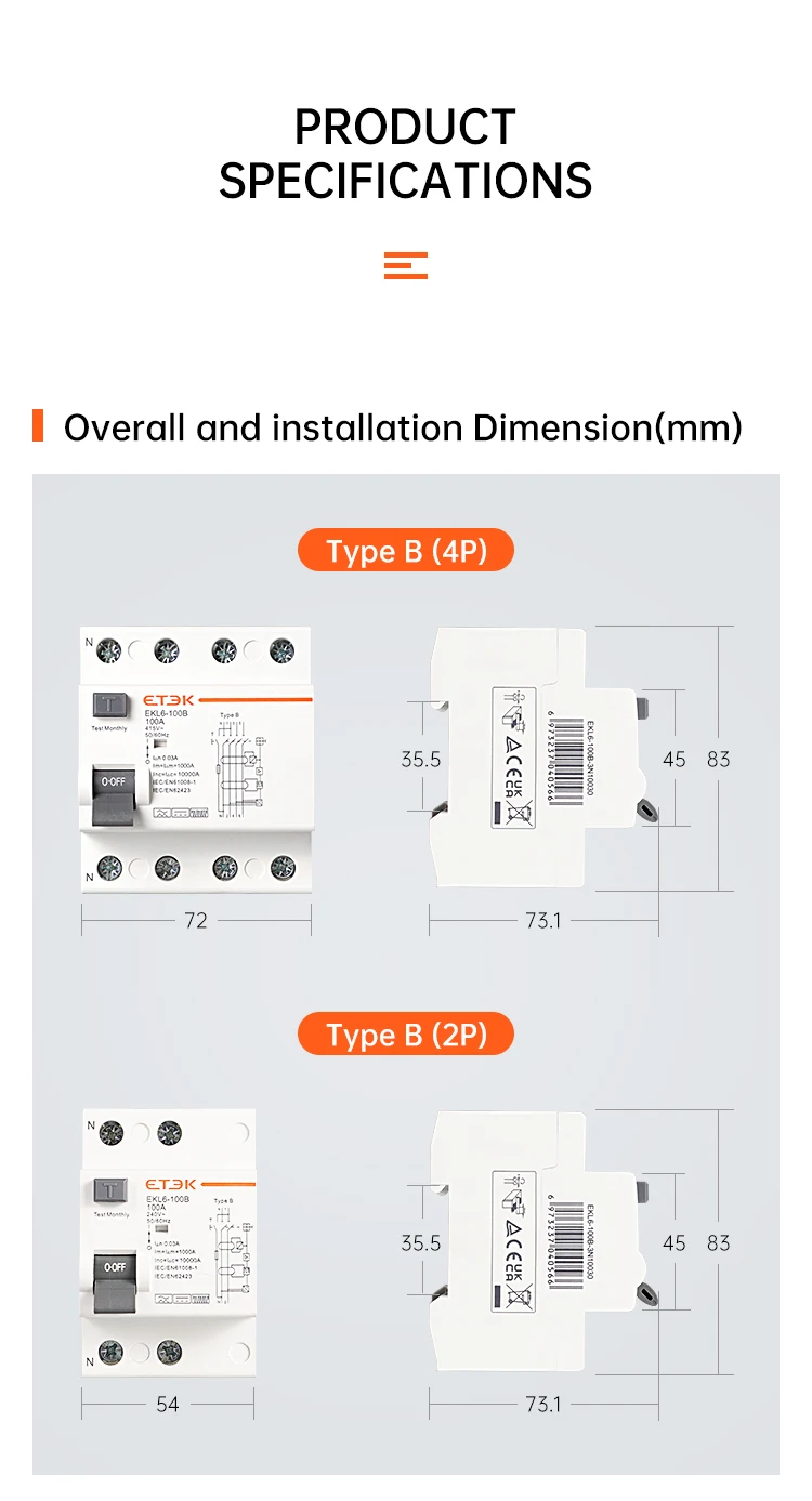 ETEK RCD RCCB Typ B Fehlerstrom-Schutzschalter für Erdung, EVSE 2P 4P 40A 63A 100A 30mA 300mA EKL6-100B DIN-Schiene 220V – Detail 11