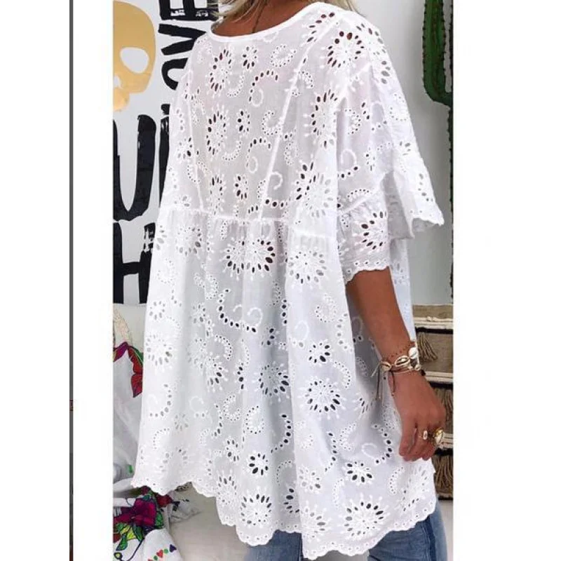 2023Amazon Independent Station European and American Women's Clothing NewVCollar Hollow Embroidered Blouse Short Sleeve Dress in