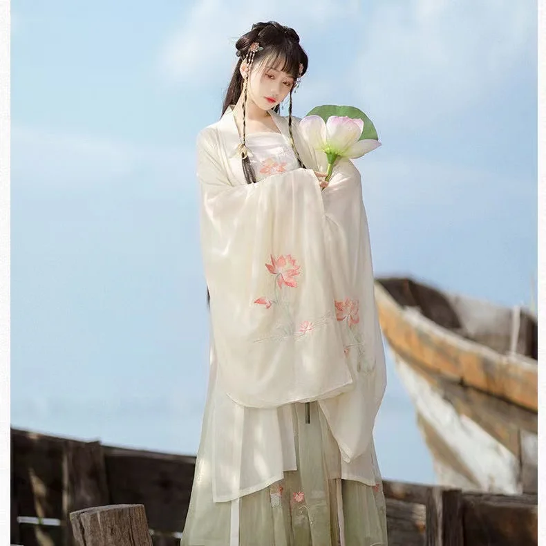 Step by Step Lotus Hanfu Women's Traditional Large Sleeve Shirt Costume Vintage Immortal Summer Chiffon Clothing Dress Set Girls