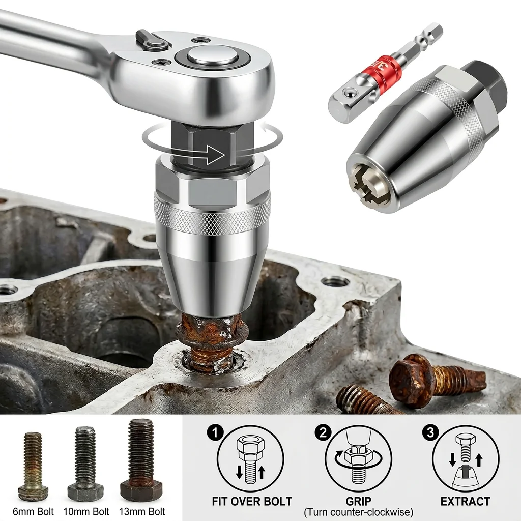

Damaged Bolt and Stud Extractor Tool 3/8 Inch Drive Broken Stud Removal Tool with 1/4 Inch Hex Shank for 1/4 to 1/2 Damaged Bolt