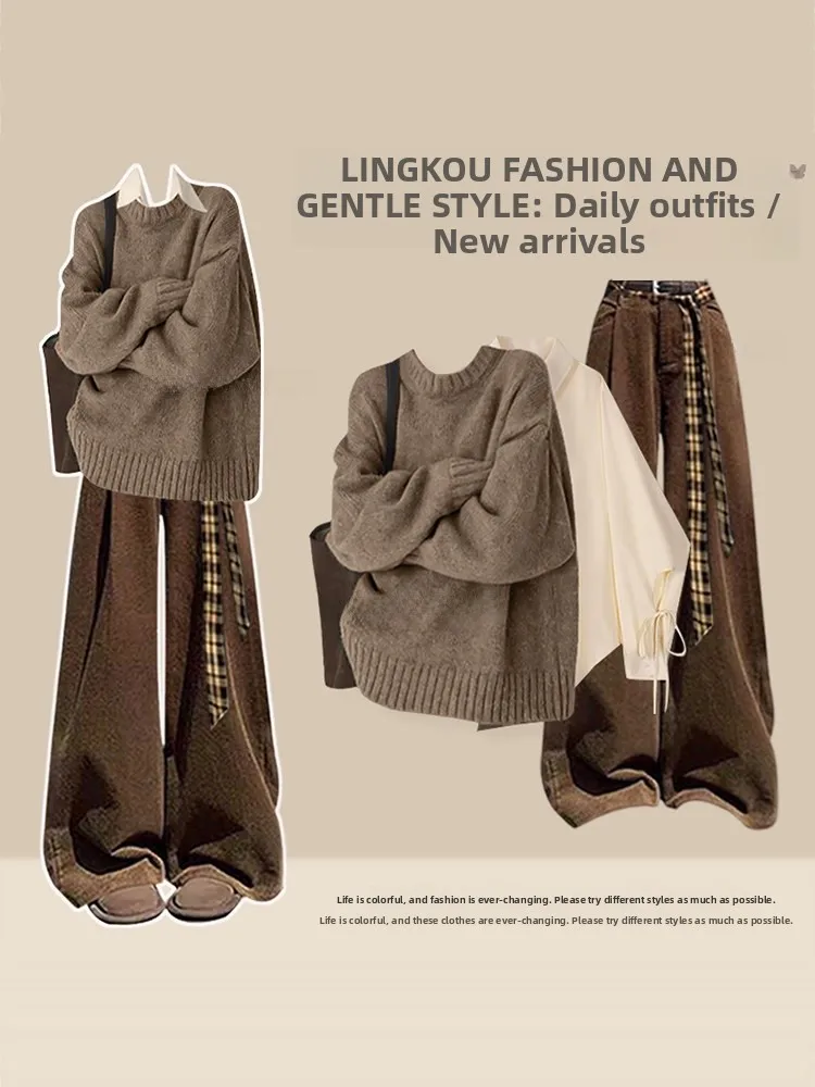 

Large Size Spring Vintage Knitted Sweater Set Women's Casual Wide Leg Pants Tee Piece Set Layering irt Casual Sle