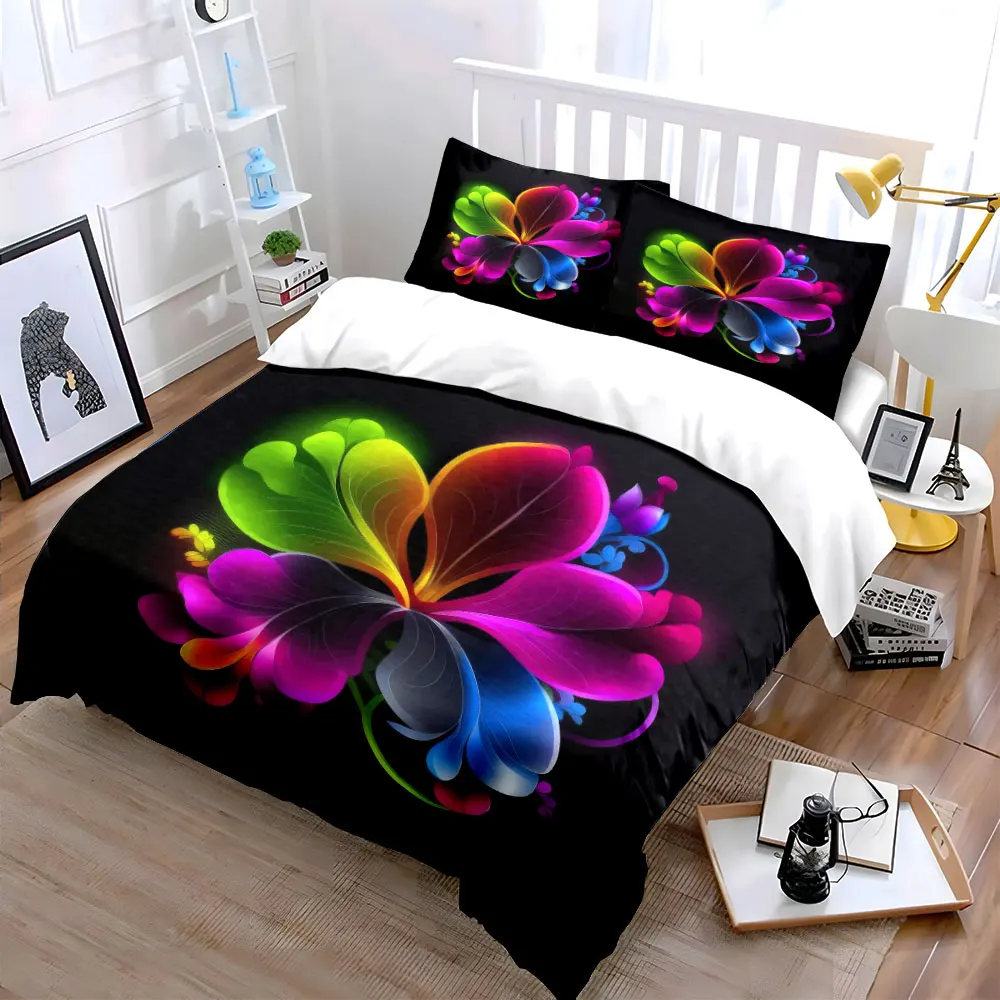 3Pcs Neon Gradient Glowing Fantasy Flower Duvet Cover Set,Black Dark Art Bedding Includes 1 Duvet Cover And 2 Pillowcase,Gift