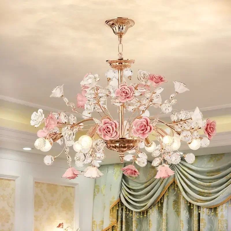 Luxury Bedroom LED Crystal Chandeliers Modern Rose Decoration Chandelier Lighting Nordic Living Room Ceramic Flower Pendant Lamp