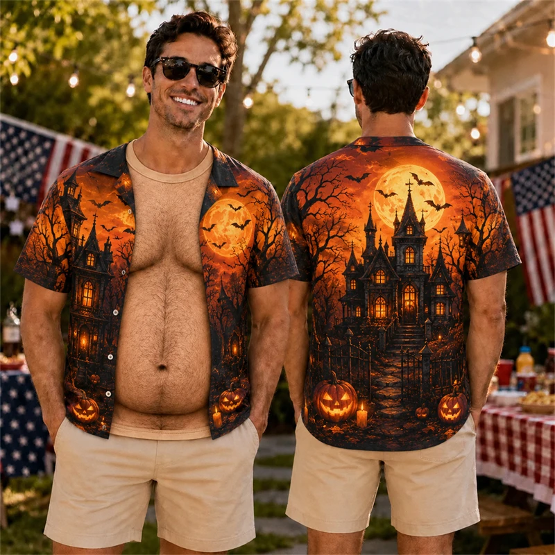 Horror Halloween Haunted House Mens T-shirts 3d Print Fake Muscle Short Sleeve Tees Casual Holiday Party Summer Costume Gifts