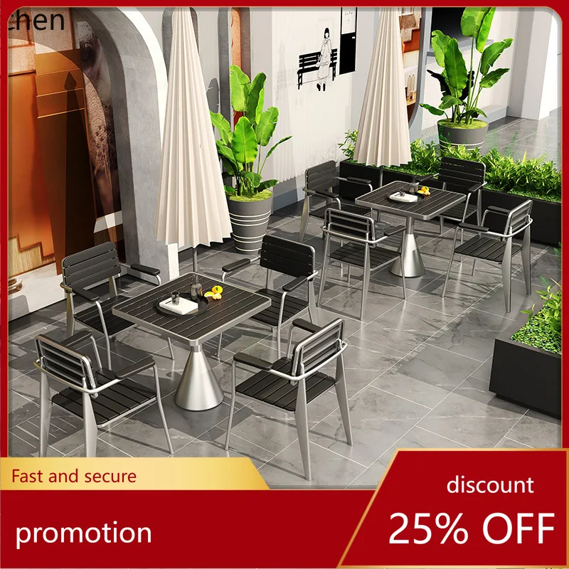 

ZMLOutdoor Sunscreen Cafe Small Round Table Music Bar Courtyard Balcony Plastic Wood Table and Chair Set