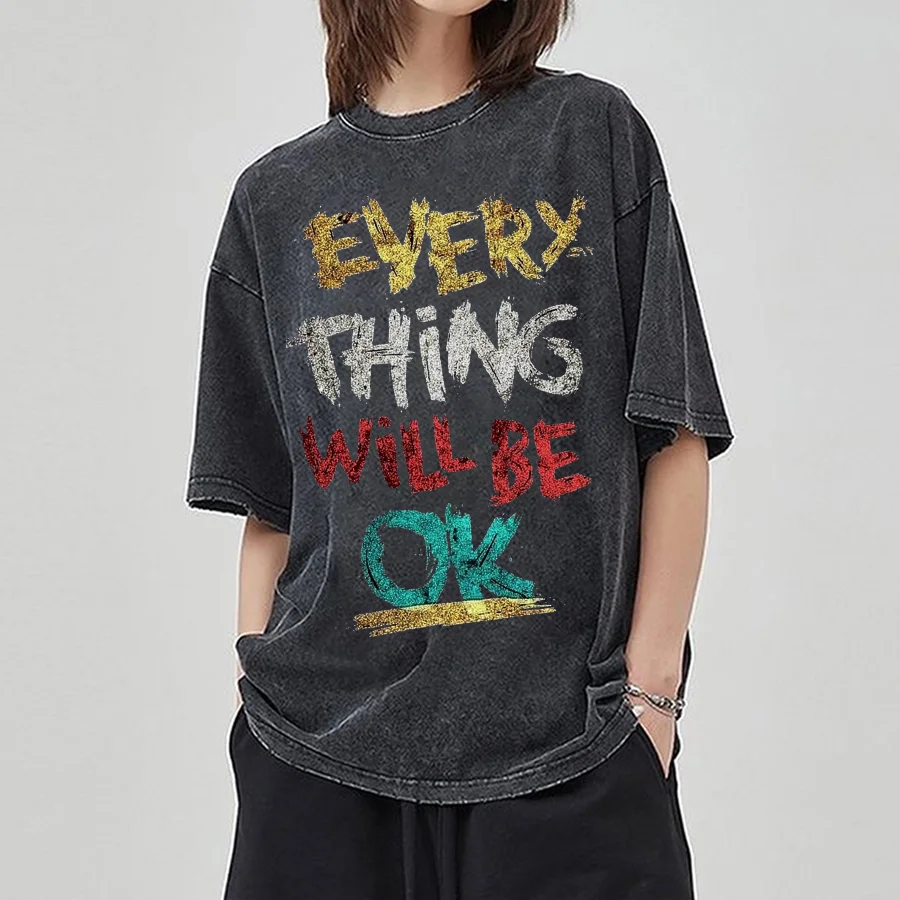 Every Thing Will Be Ok Monogram Print Wash Women Wash T-Shirt Imitation Denim Oversized Couple Short Sleeve Everyday Design Top