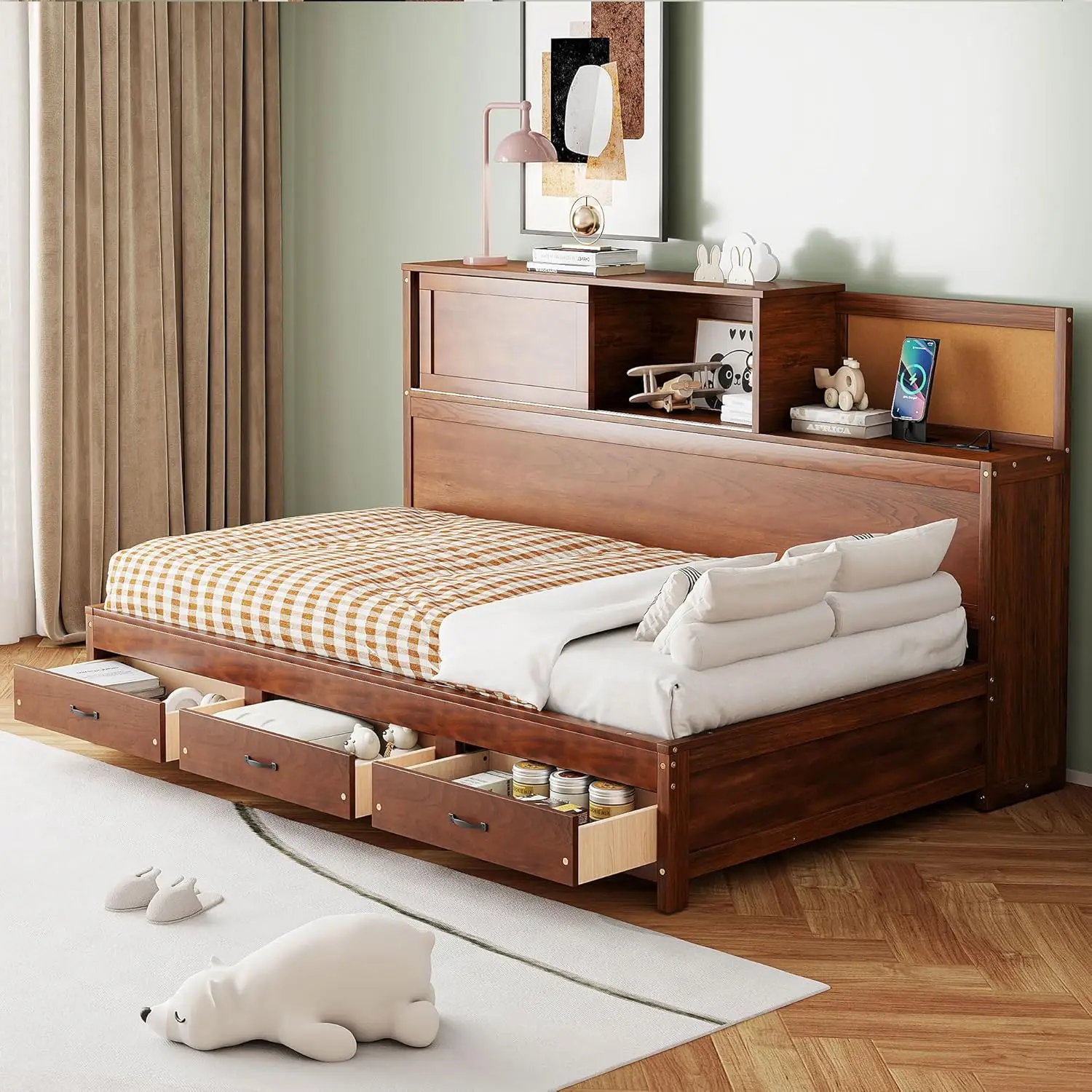 

Twin Size Daybed with 3 Drawers and Bookcase, Wood Corner Bed with USB Ports and Sliding Doors Cabinets,, Customized