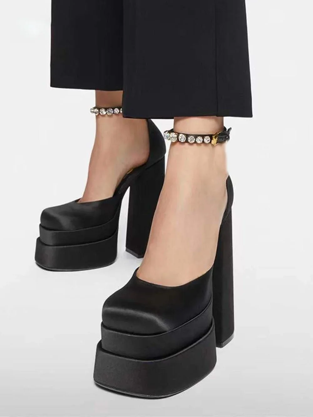 

Summer Women's Multi-Color Double Platform High Heels Square Toe Chunky Heel Ankle Strap Rhinestone Deco Fashion Party Pumps