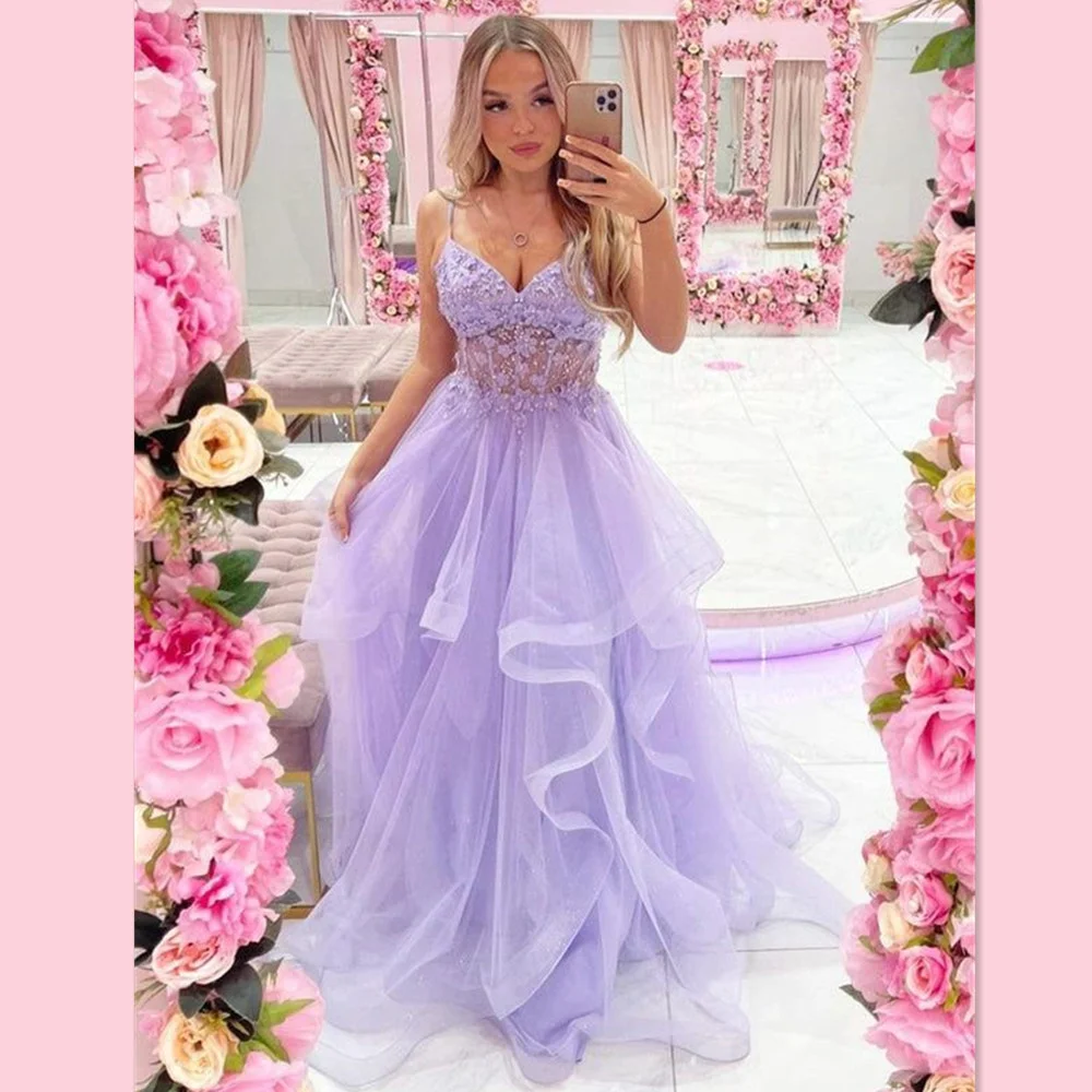 Amanda Fairy Lace embalid abito da sera colore lilla a-line Prom Dress 2023 Princess Edge Curl Party Dress muslimatextimushtial guads untuf