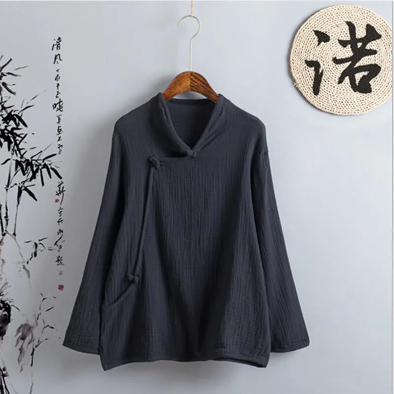 2026 Autumn long sleeve Vintage women blouse Fashion Chinese style loose casual cotton linen shirts tops camisas female clothing