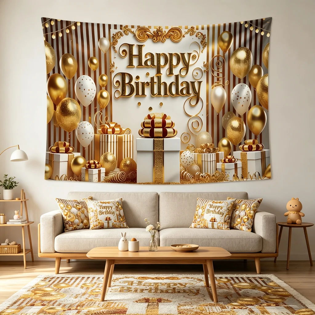 1PC Happy Birthday Art Print Backdrop Banner, Bedroom Living Room Photo Background, Polyester, Home Decor, Wall Art