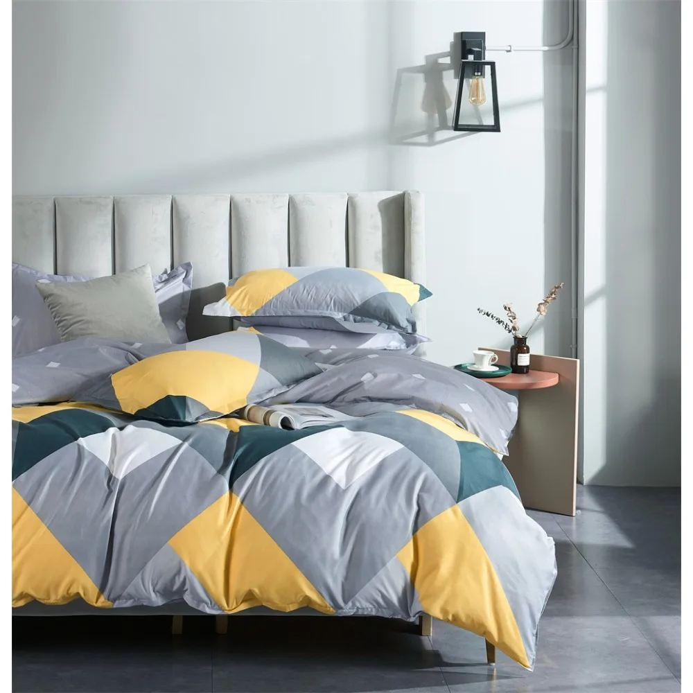 Reversible Geometric Print Queen King Size Duvet Cover Set Yellow Grey Motifs Plaid Bedding Set 3Pcs Soft Microfiber Quilt Cover