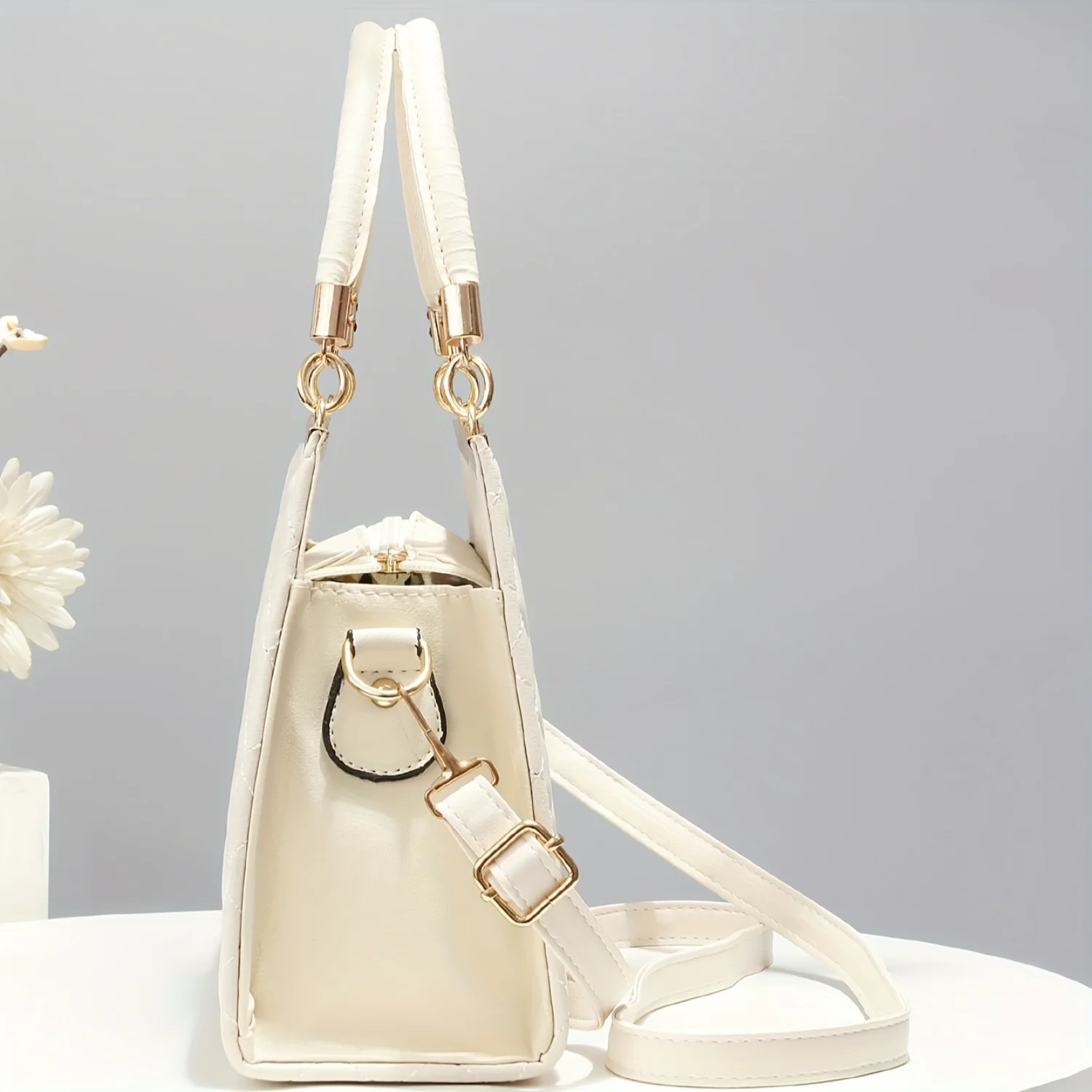 Classic Elegant Top Handle Bag, Argyle Pattern Handbag, Solid Color Gift Office Bag For Women