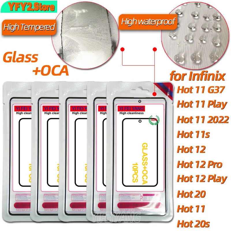 10Pcs Glass +OCA AAA LCD Front Screen Outer Lens With OCA Film For Infinix Hot 20 11 12 Play Pro 2022 11S 12i 20i 20S G37