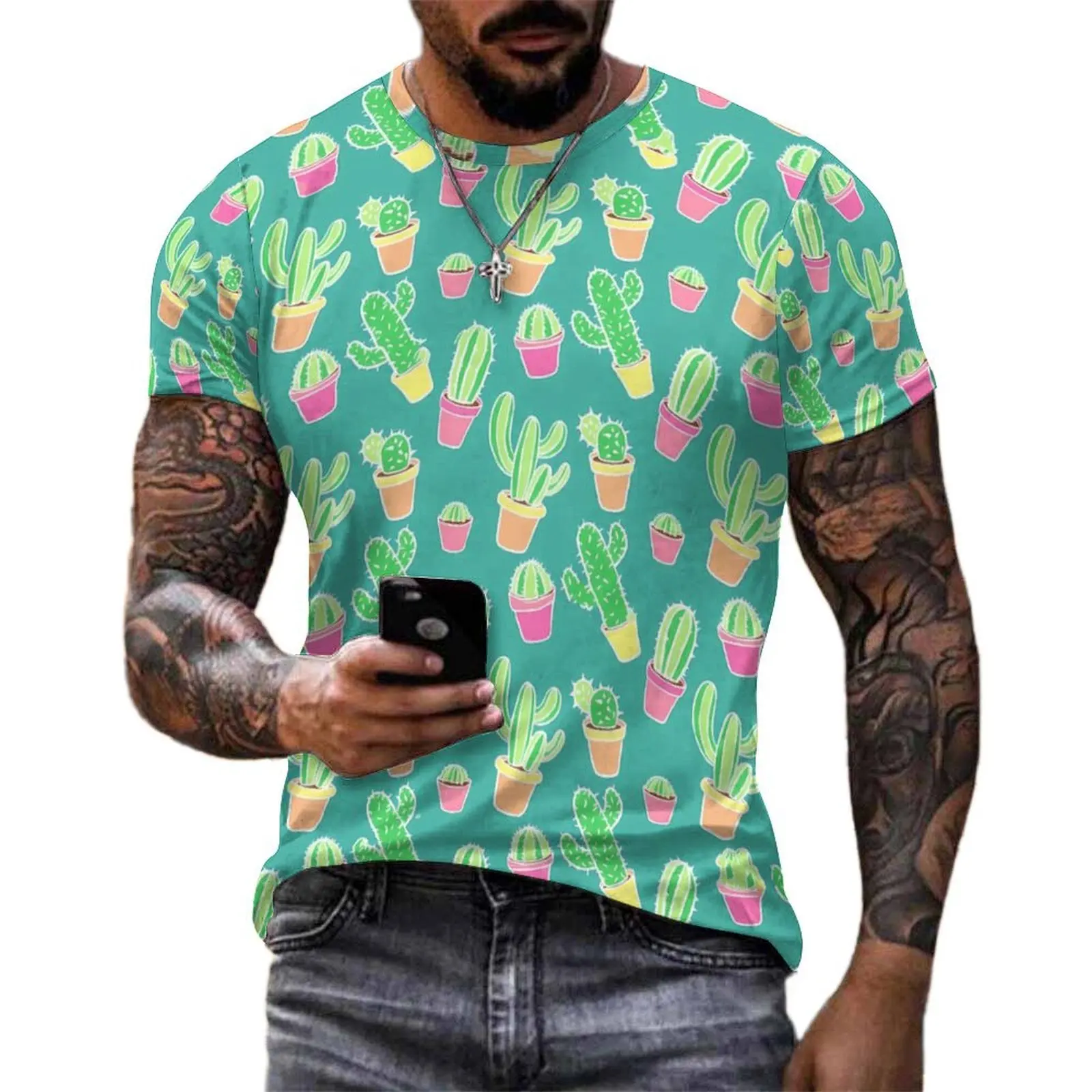 Beach T Shirt Neon Cactus T Shirts Cute Plants Print Aesthetic Harajuku Tee Shirt For Male Short Sleeve Pattern Plus Size Tops