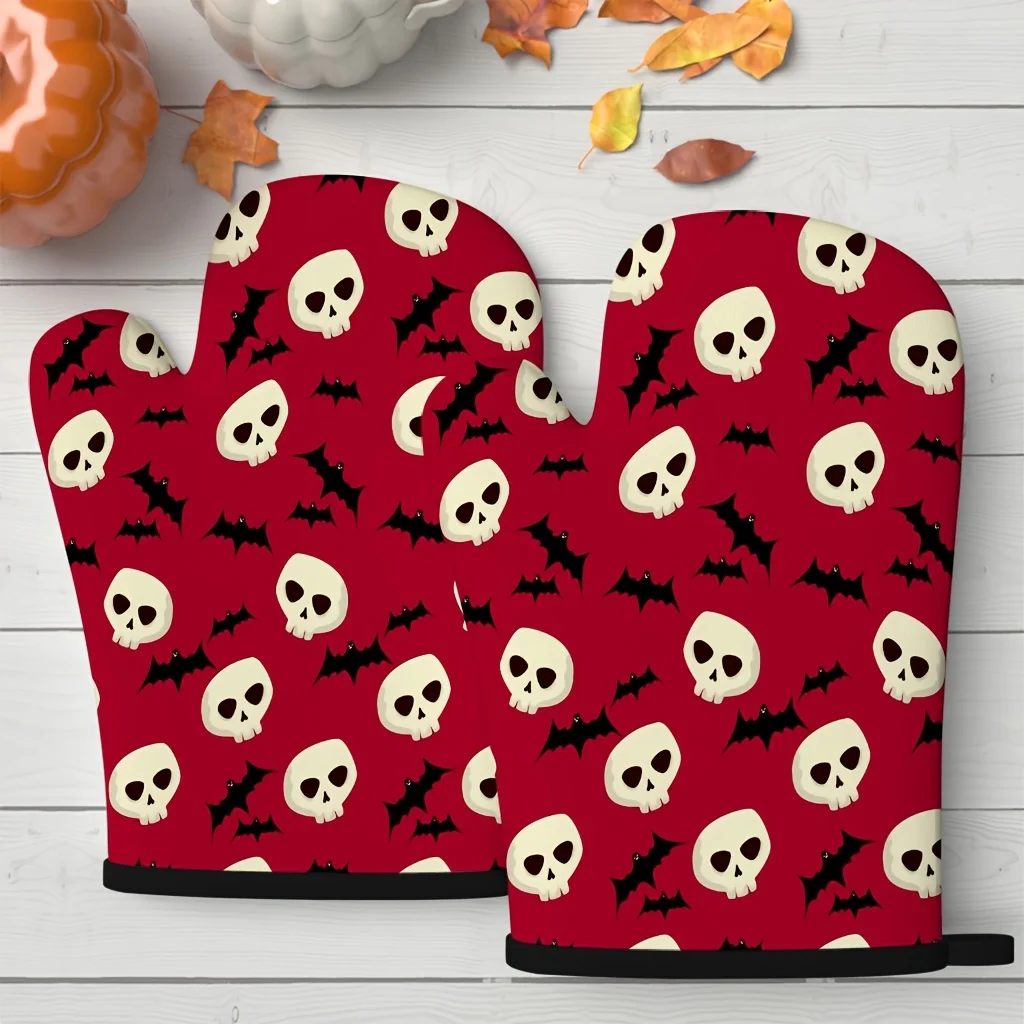 2pcs Oven Mitts with Red Skull Bat Halloween - Heat-Resistant Kitchen Gloves, Mittens for Baking Gifts, Kitchen Decor