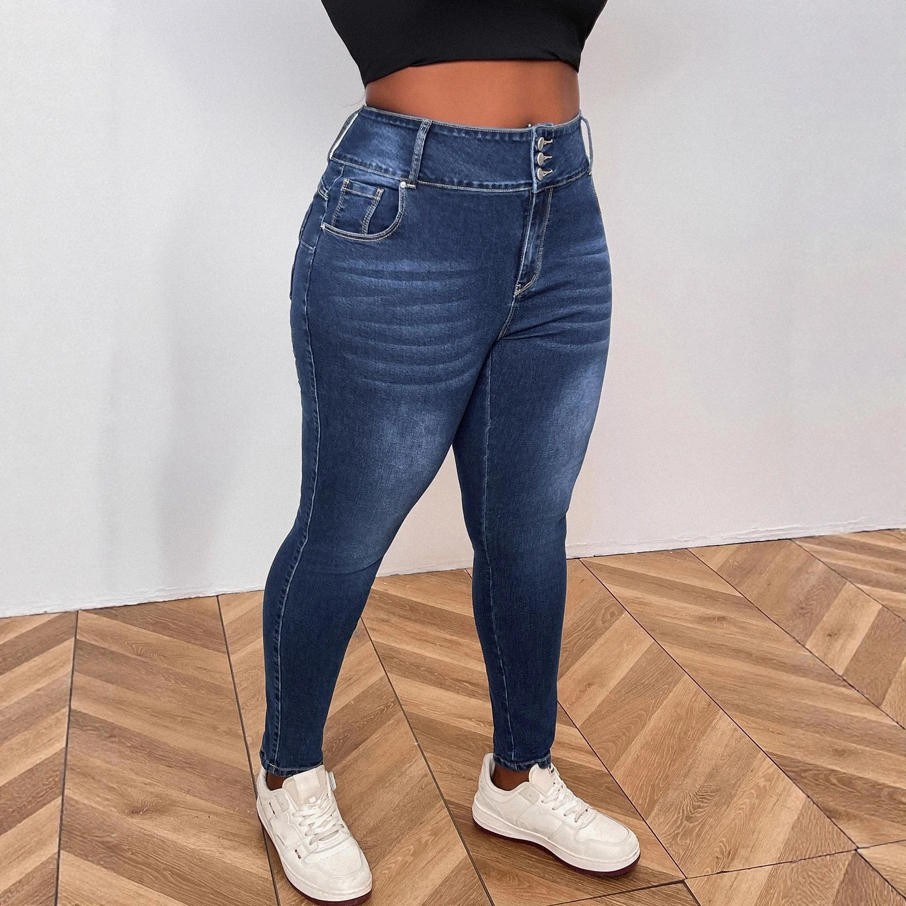 European and American Large Size Jeans Straight High Waist Elastic Hip Lift Thin Jeans