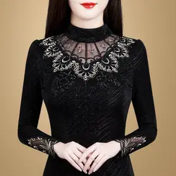 2023 Women's Autumn and Winter Long Sleeved Plush and Thickened Half High Collar Bottom Shirt with Lace Lining Small Shirt