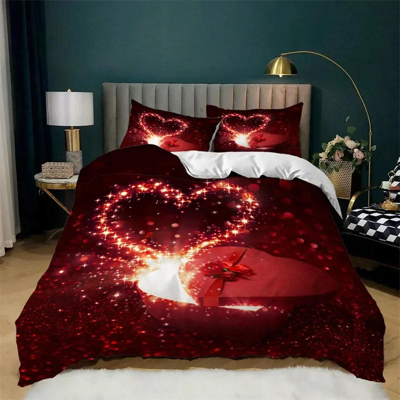 Love Heart Duvet Cover Set Microfiber Bear Comforter Cover Soft Romantic Bedding Sets Valentine's Day For Girls Women Room Decor