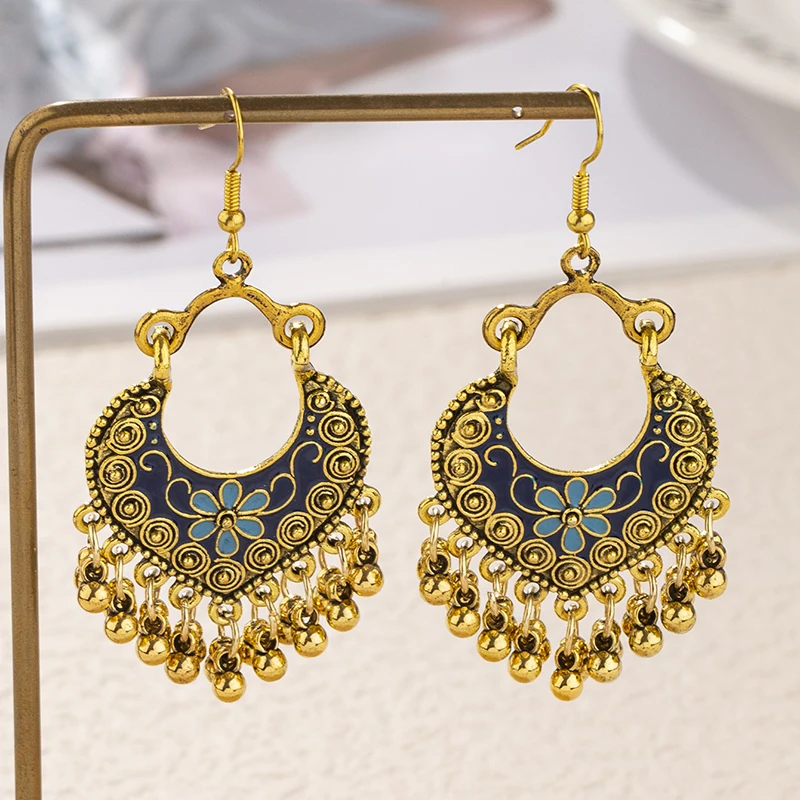 Boho anting-anting Juntai menjuntai rumbai antik etnik untuk wanita ukiran bunga Enamel geometris warna emas antik hadiah perhiasan wanita