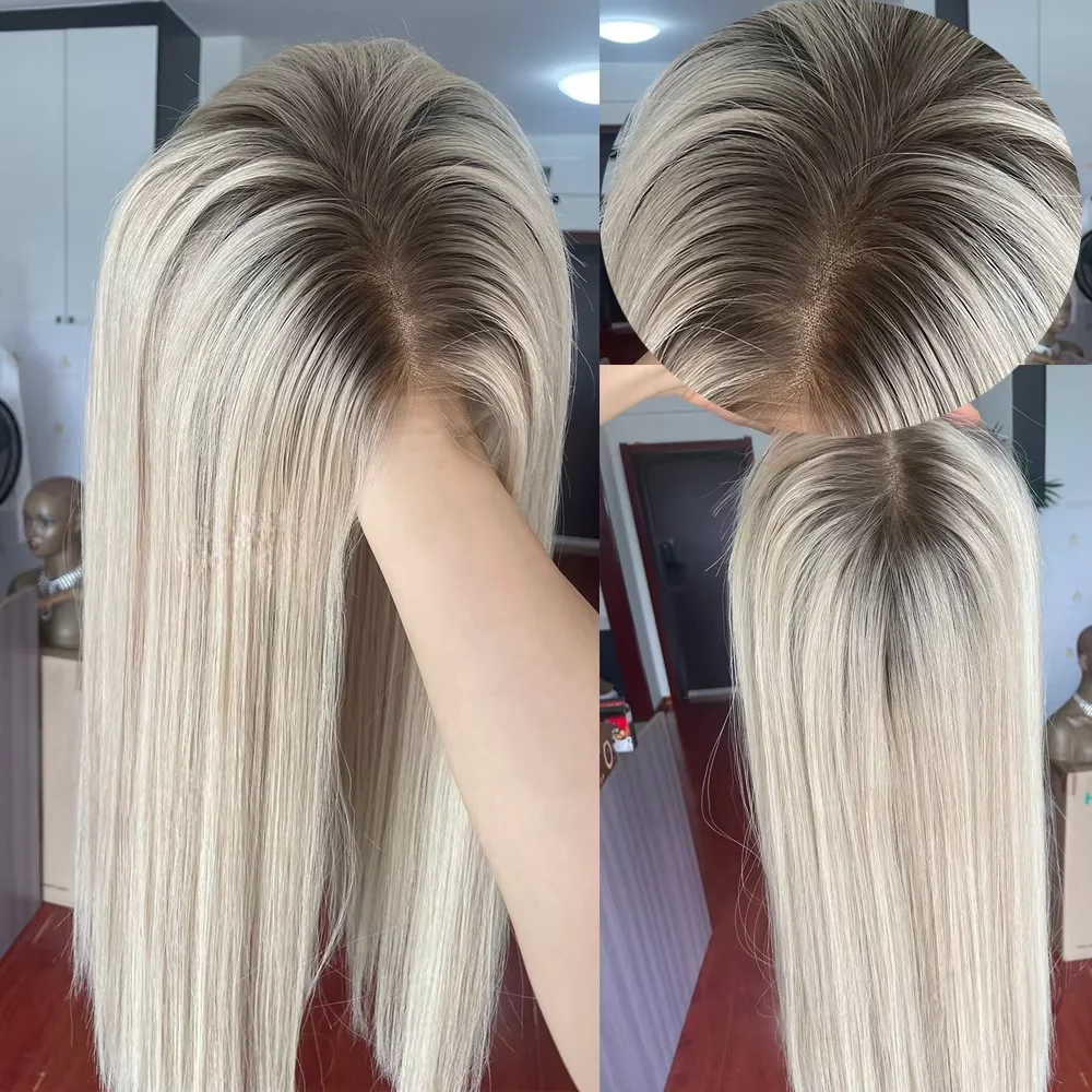 Women Soft HD Lace Natural Straight 24Inch Glueless Ombre Blonde Front Wig Hair Pre Plucked Transparent Lace Heat  Resistant