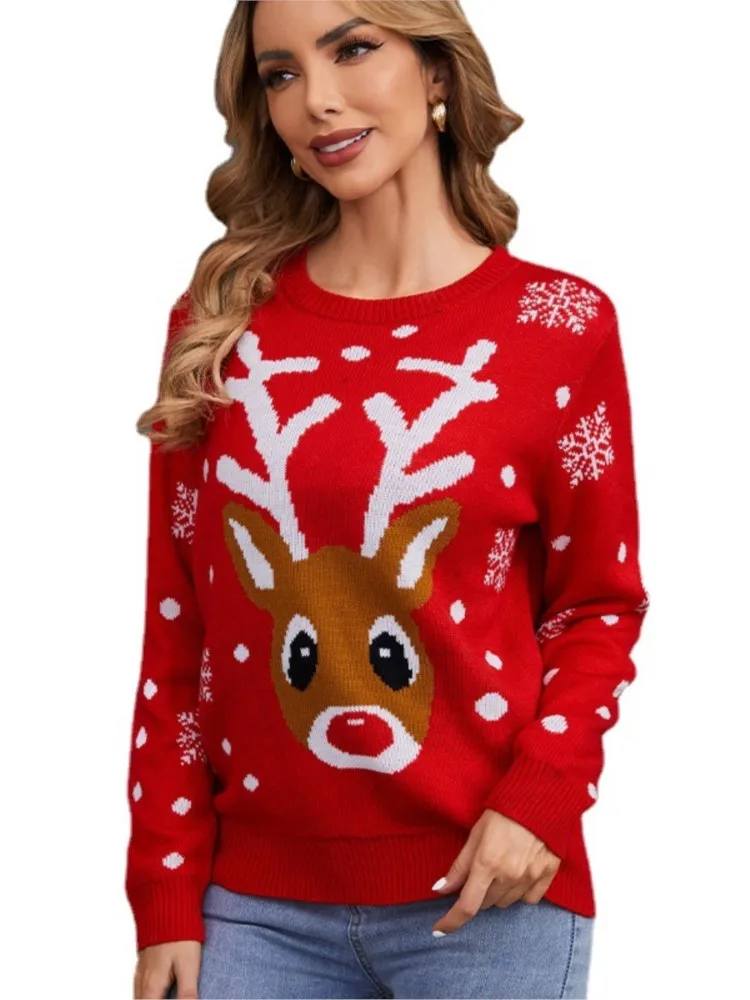 Sweter Natal Kartun Musim Gugur dan Musim Dingin Sweter Rajutan Pullover Leher O Sweter Pesta Longgar Kasual Elegan Fashion Baru