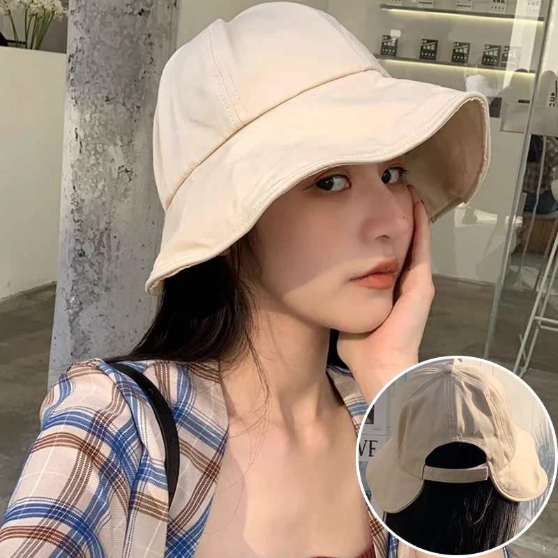 Summer Women\'s Foldable Hat Outdoor Beach Wide Brim Bucket Caps Sun Protection Fisherman Hat Adjustable Cotton Ponytail Suncap