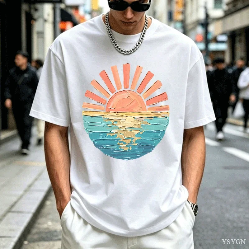 Sunset Beach T-Shirt Coastal Ocean Graphic Tee Men Women Summer Vacation T Shirt Cute Travel Tee Unisex Round Neck Printed