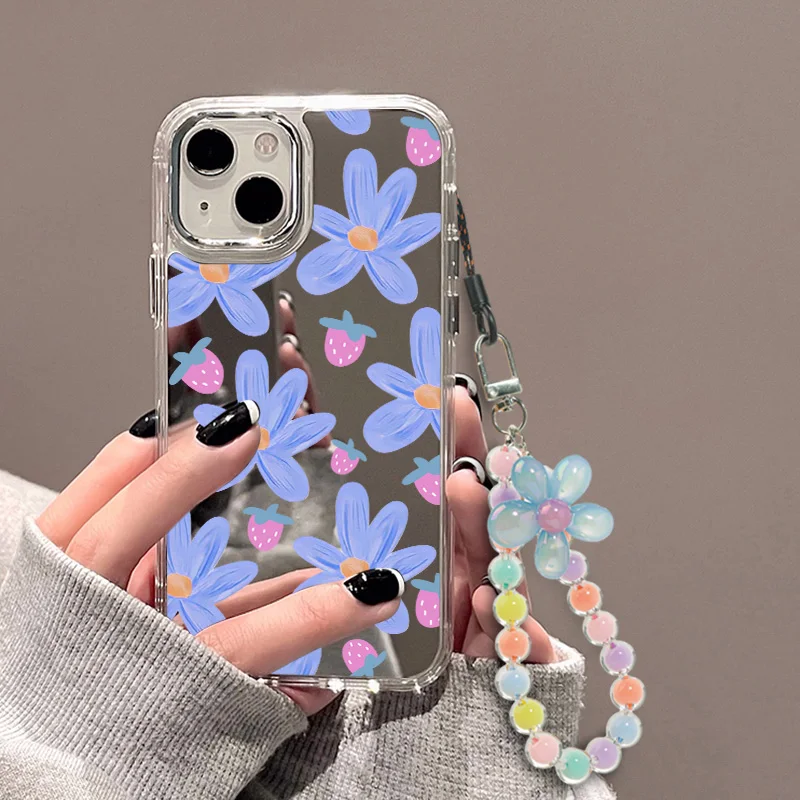 다채로운 랜야드 메이크업 미러 폰 케이스, 해바라기 비즈 팔찌 커버, 아이폰 16 프로 맥스 케이스, 아이폰 11, 13, 12, 14, 15 프로