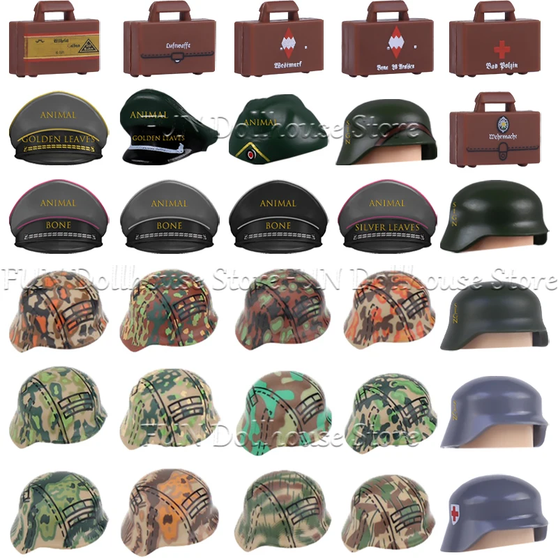 Accessoires militaires, blocs de construction, figurines de soldats de l'armée, casque de camouflage, chapeau d'officier, sac médical d'infanterie, boîte de briques, jouets pour garçons