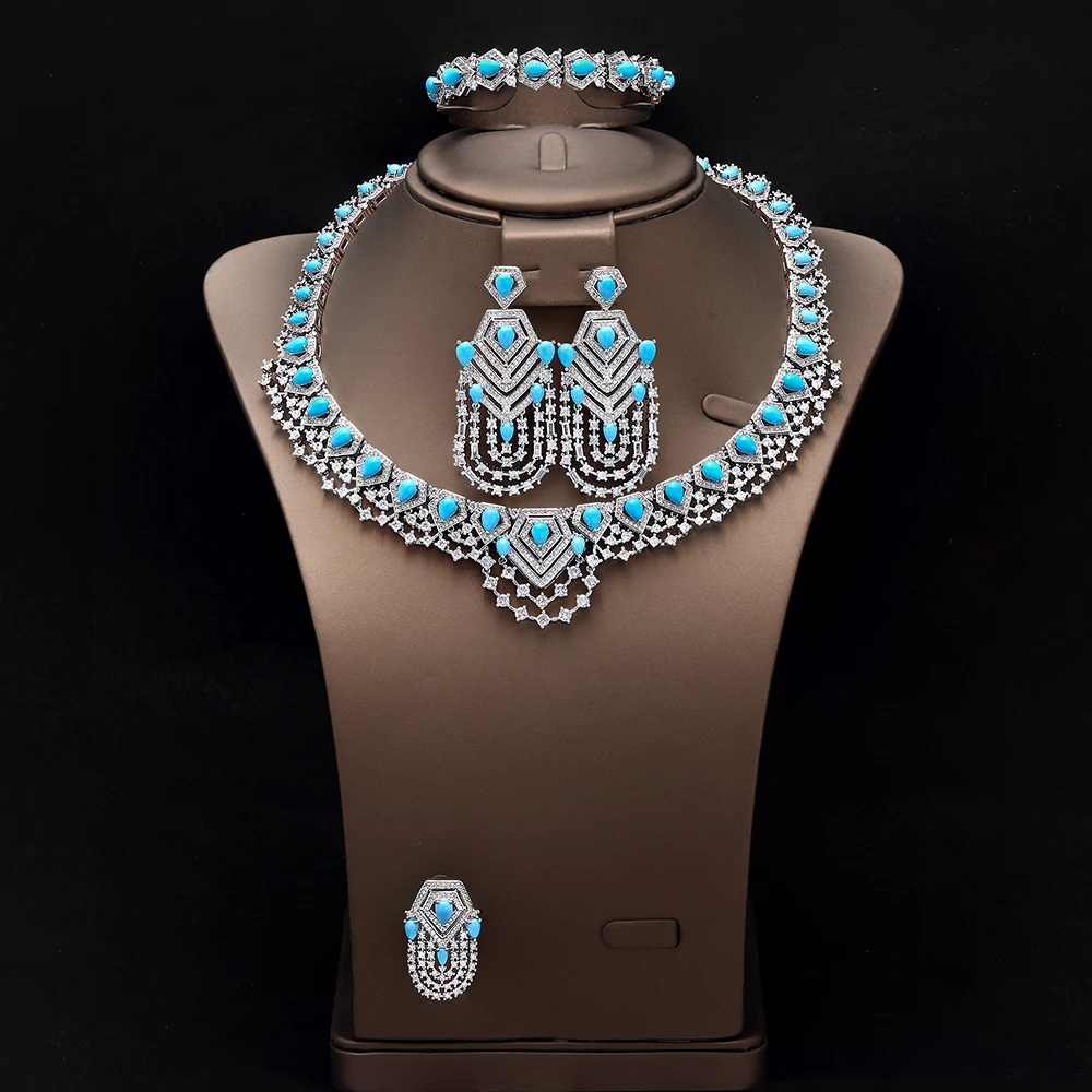 

HIBRIDE Vintage Heartbeat Blue Jewelry Necklace Earrings Bracelet Womens Dress Decoration Wedding Prom Holiday Gift S-1039