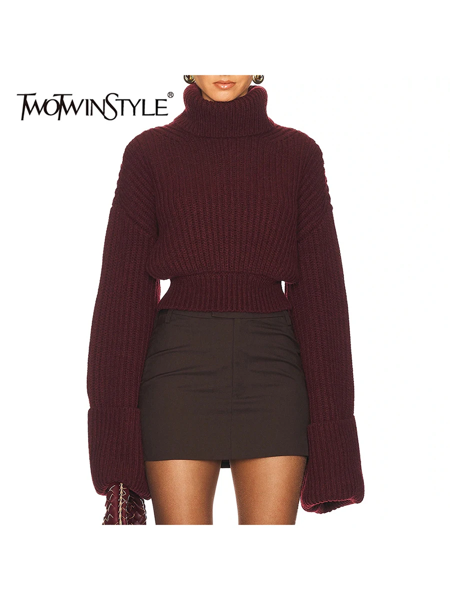 TWOTWINSTYLE Solid Loose Fashion Short Sweaters for Women High Neck Long Sleeves Tunic Minimalist Sweater Female Fashion Clothes