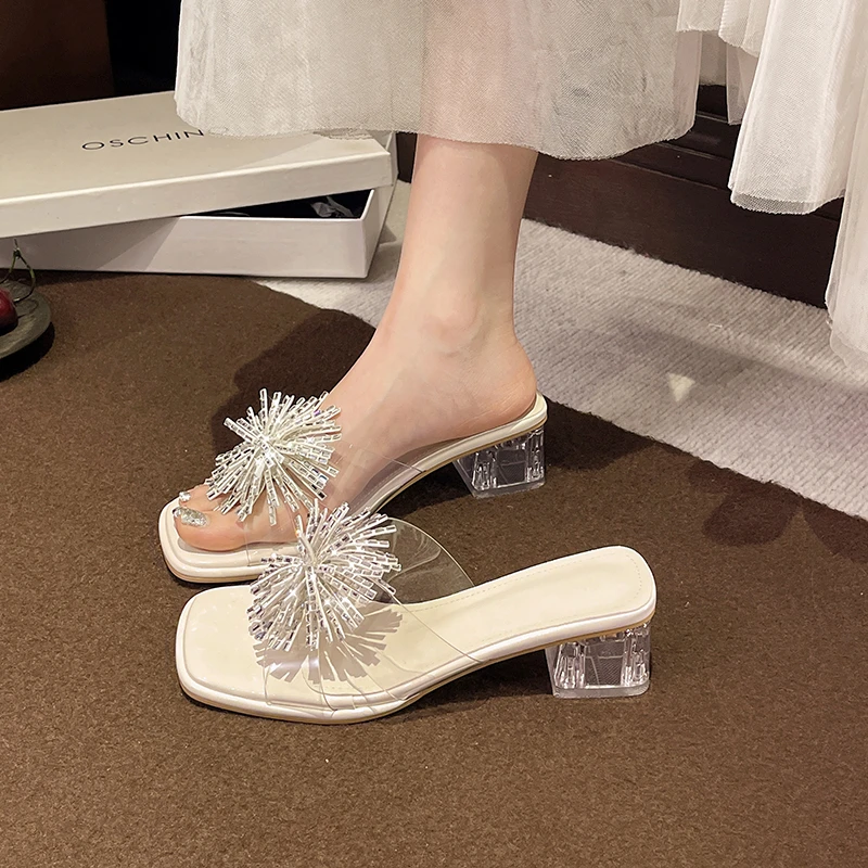 2026 New Summer Designer Rhinestone Transparent Flat Lightweight Sandals for Women Elegant French-style Stunning High Heels
