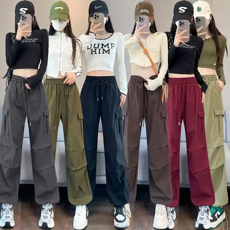 

2024 New Spring and Summer High-end Slim American Style Cargo Pants for Women, Loose Casual High-waisted Wide-leg Sweatpants