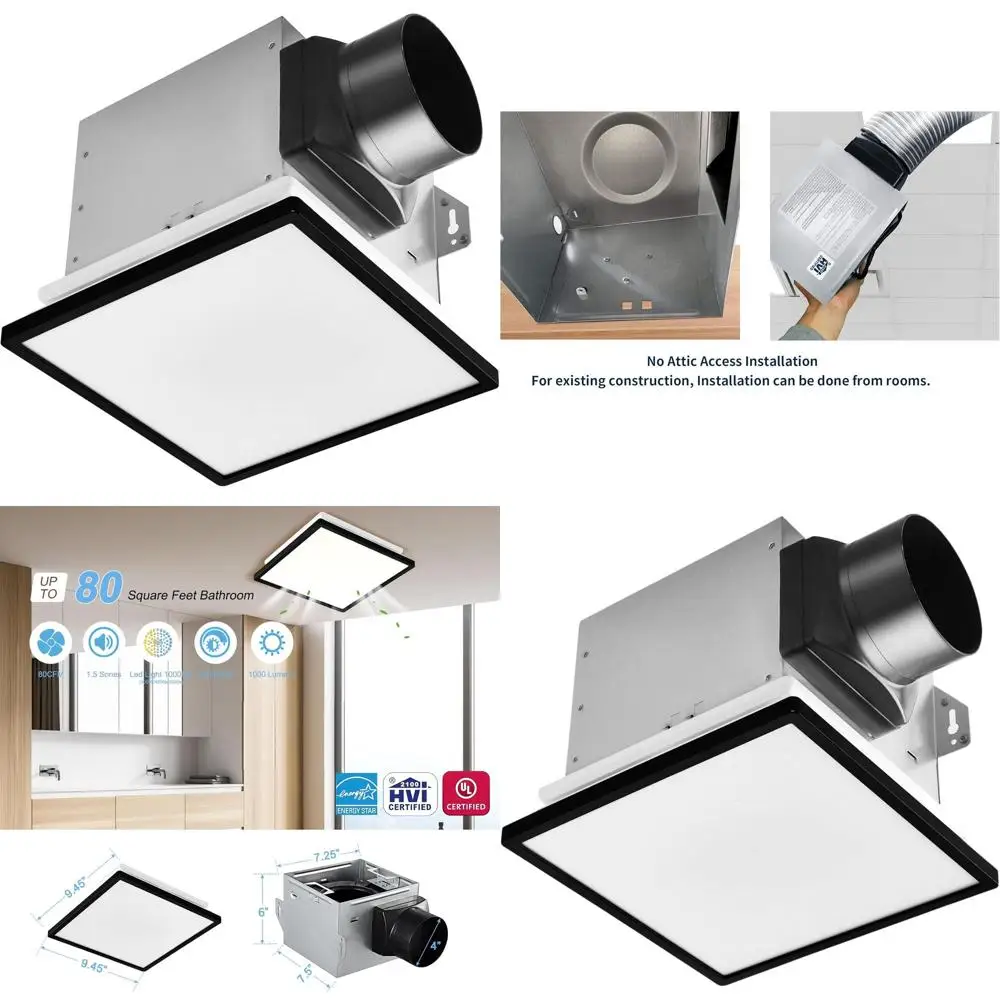 

80cm Dimmable 1000lm 5CCT LED Bathroom Exhaust Fan with Night Light, Quiet Operation, Energy Star Certified, Black Trim, Easy In