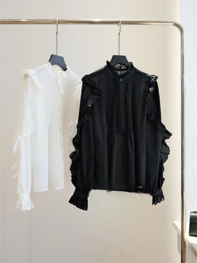 

Ele Long Sve irt, женский топ с кружевной отделкой и воротником-стойкой в китайском стиле, весенне-осенний сезон, модная женская одежда