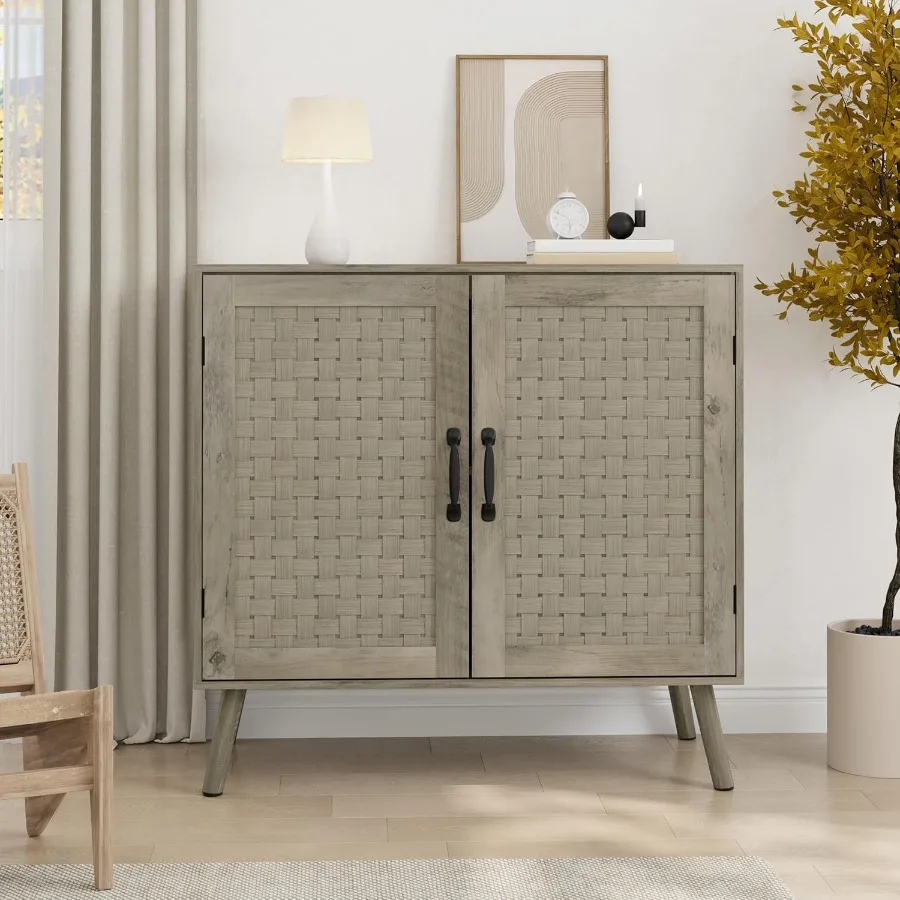 Freestanding Wood Sideboard Buffet Cabinet with 2 PVC Rattan Doors and Adjustable Shelf for Versatile Storage in Living Room En
