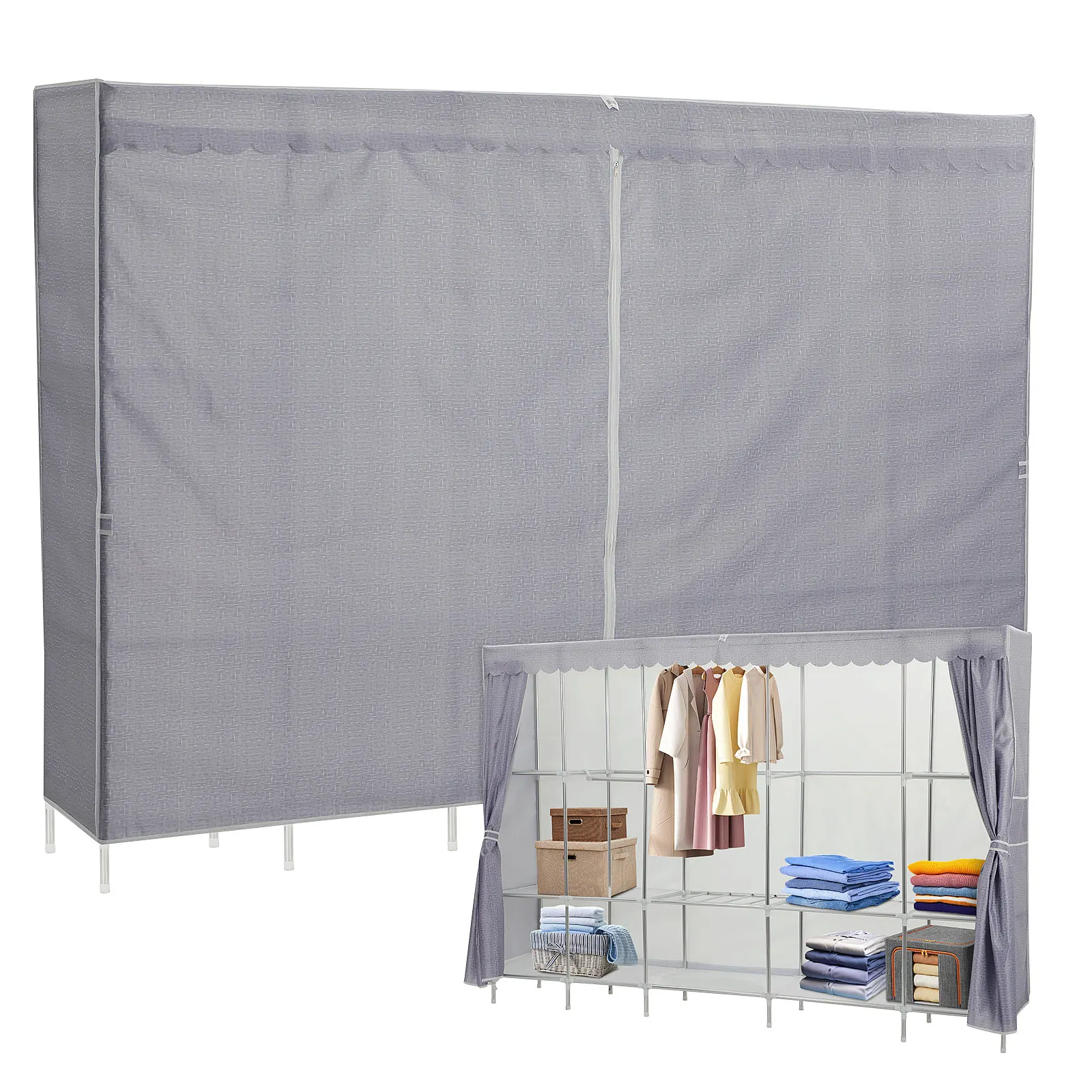 Wardrobe Closet Portable Fabric Cover - カバー付きの衣類ラック、寝室用クローゼット、布製のワードローブ、持ち運び可能な寝室用衣類収納、カバー付き衣類収納