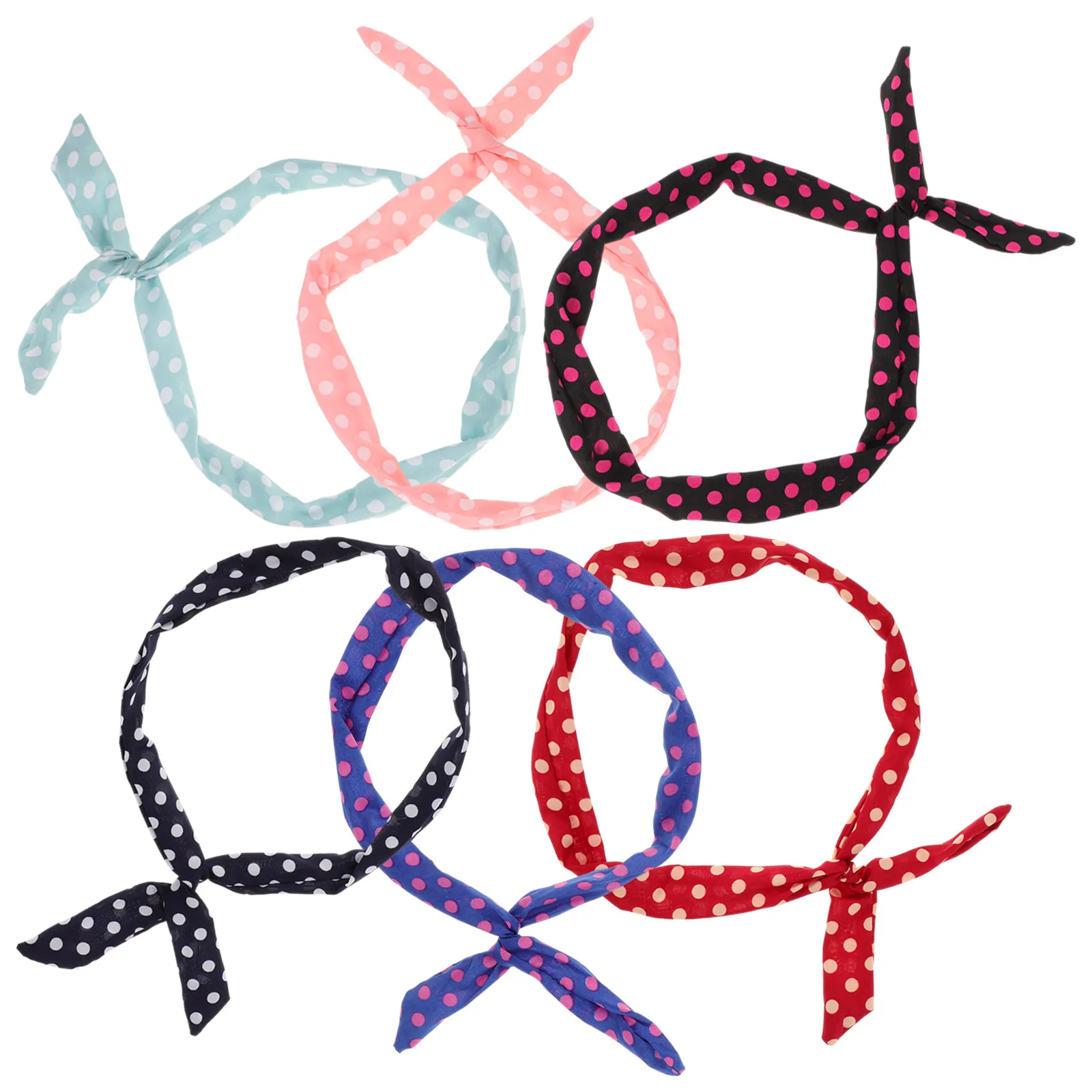 

6Pcs Women Headband Set Stylish Round Dot Print Cloth Hair Hoops with Bow Detail Multicolor Hair Accessories for Girls