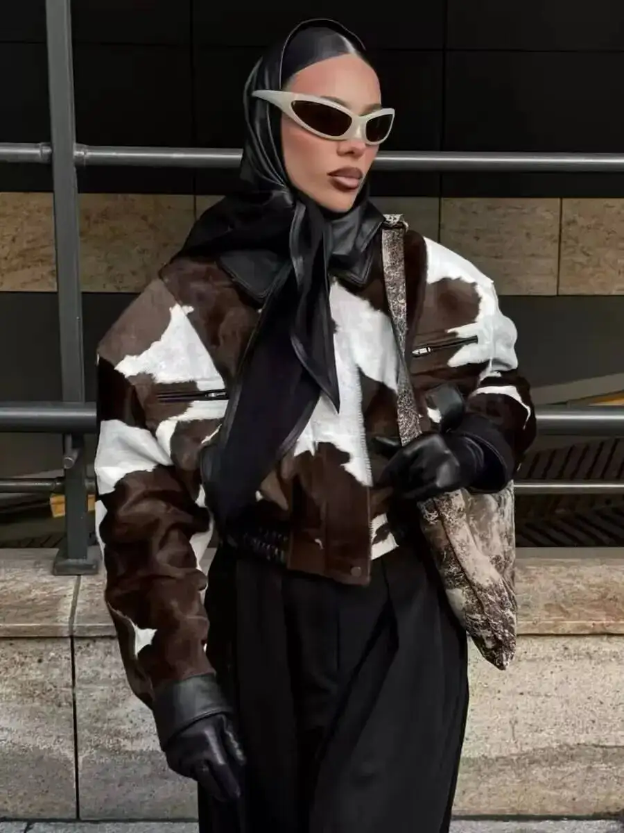 

Pu Leather Vintage Brown Women's Jacket Laple Zipper Milk Pattern Pockets Full Sleeve Female Coats 2025 Winter Women Overcoat