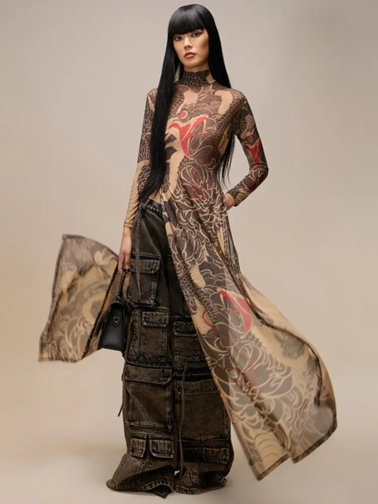 Robe longue Sexy pour femmes, coupe cintrée, Cover-Up en maille transparente, manches longues, imprimé Floral, robe Maxi de plage, fendue sur le côté, Cover-Up pour Bikini