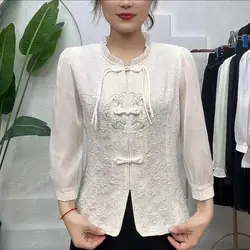 Summer Chinese Style National Style Disc Buckle Flower Disc Embroidered Shirt New Three-point Shirt Temperament Slimming Top