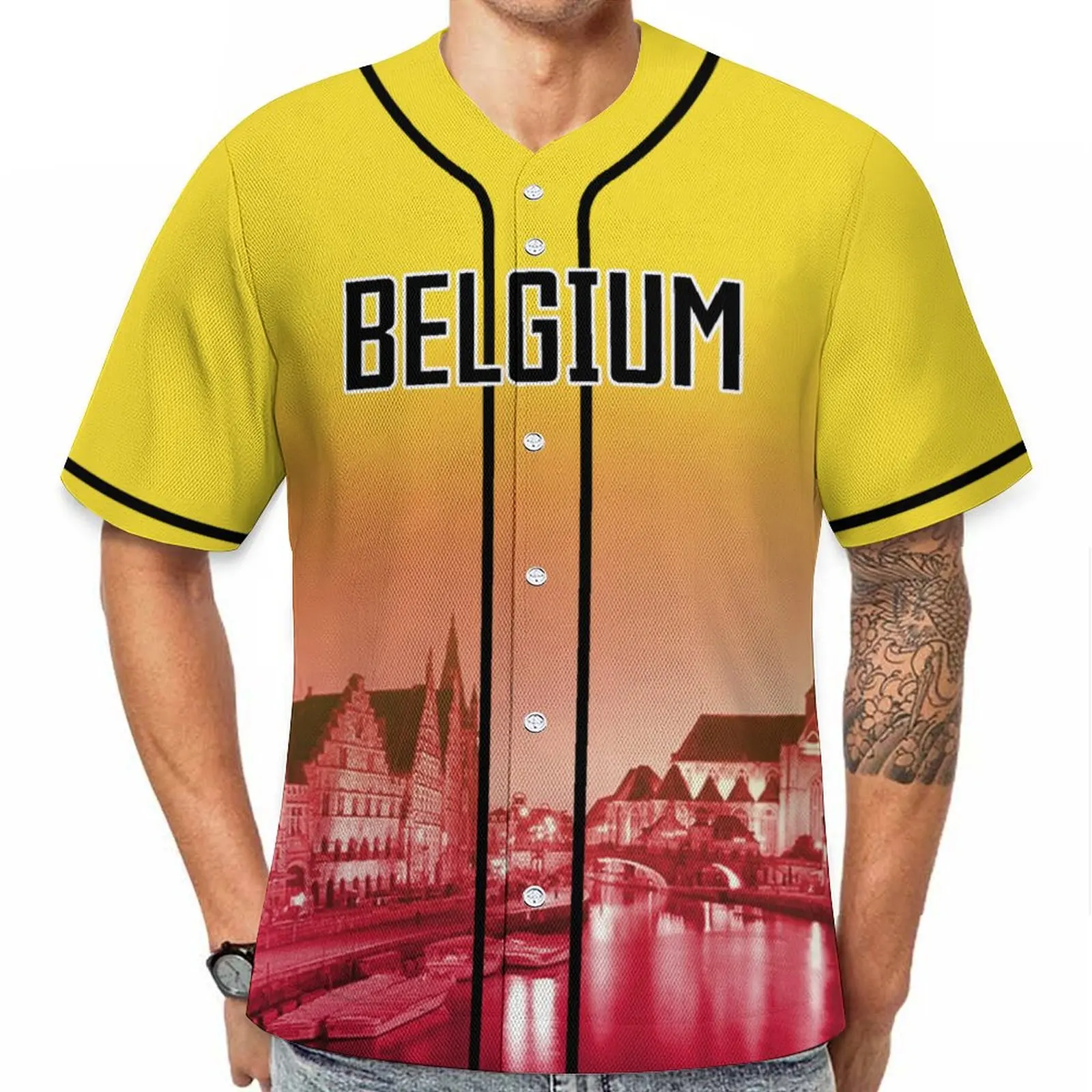 Custom Belgium Baseball Jersey with City Skyline Personalized Name Number Baseball Shirt for Men Women Youth Kids view 3