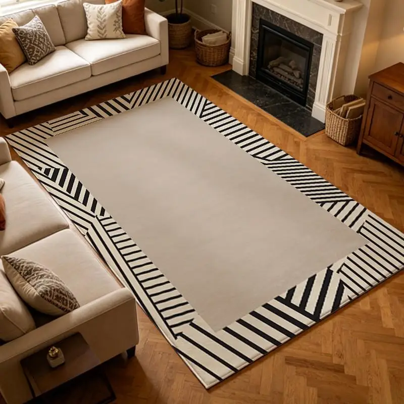 Beige Center Solid Square Carpet Flooring, Black White Striped Border Area Rug for Modern Room