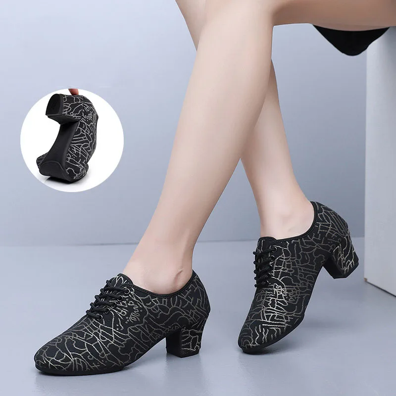 Print High Heel Dance Shoes Sneakers For Women Ballroom Latin Dance Shoes Adult Close Toe Teacher Training Shoes Oxford Sneakers