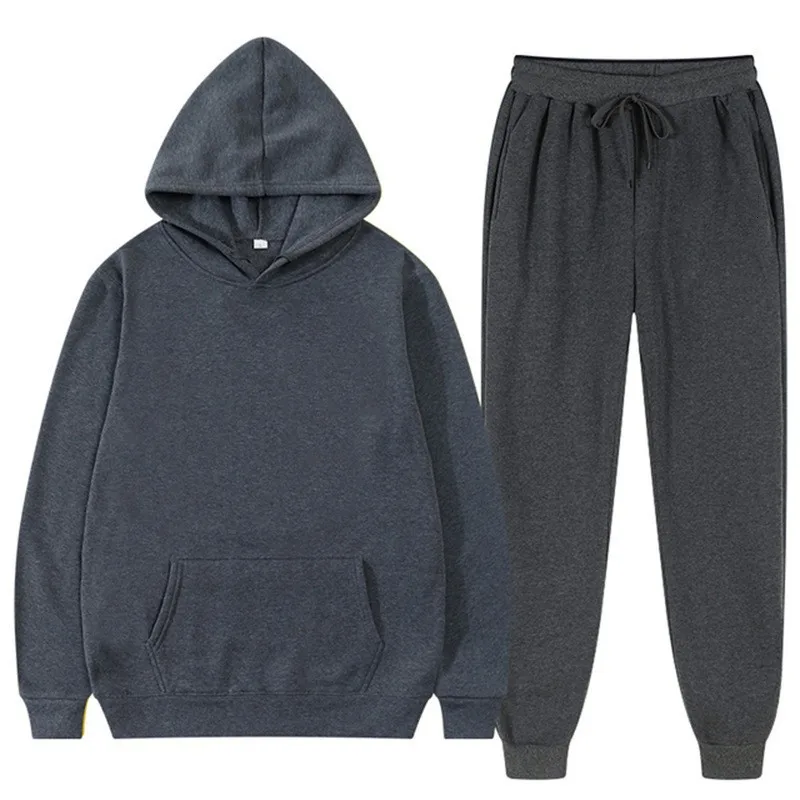 Men Sets Sweatshirts Solid Hooded Hoodies Pencil Pants Two Pieces Ankle Length Pant Pockets Elastic Waist Casual Winter