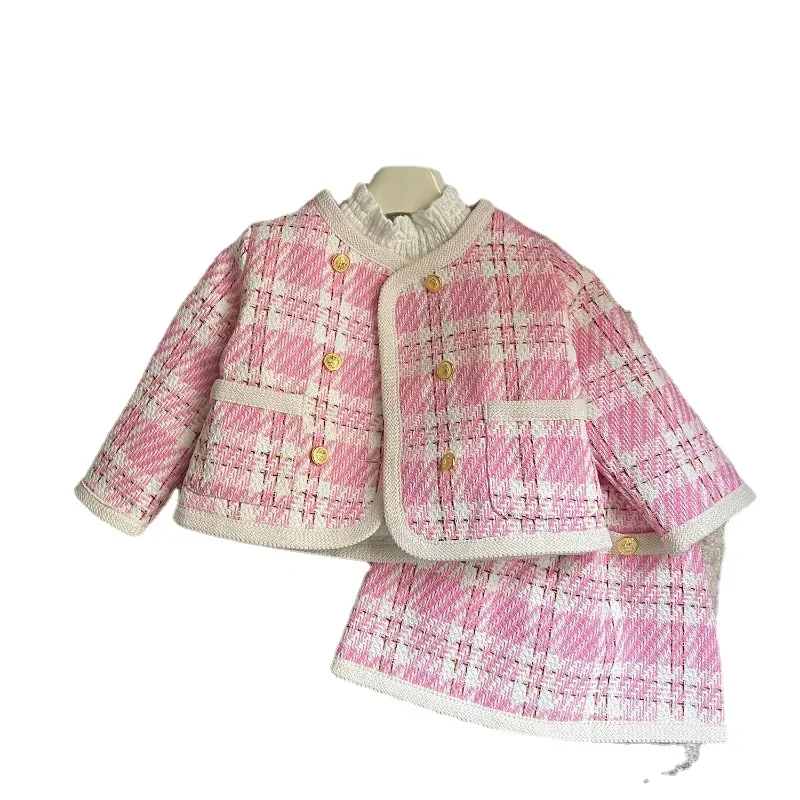 Girls\' Suit Winter New Korean Version of Girls\' Pink Small Fragrance Long-sleeved Coat + Skirt Two-piece Set  Girl Clothes