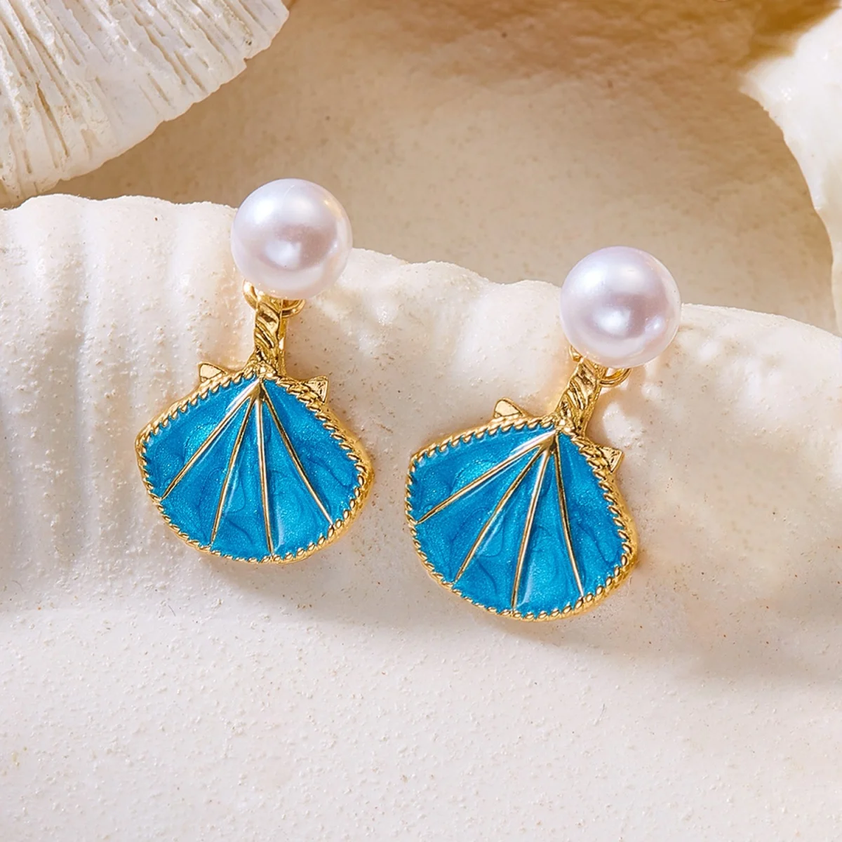 Imitationsperlen-Ohrstecker mit Emaille-Muschel-Rückseite für Damen und Herren, böhmische Ozean-Strand-Muschel-Ohrringe, Sommerparty-Schmuck – Detail 18