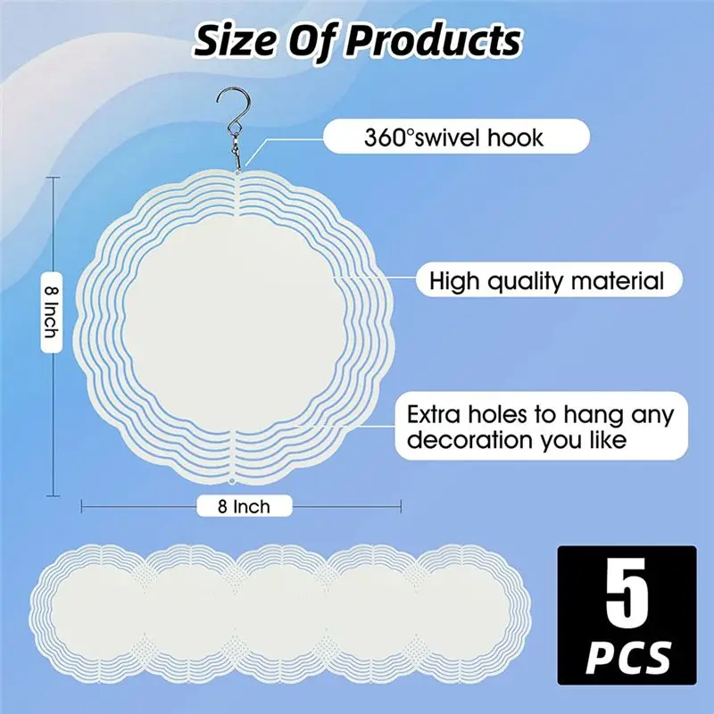 B84B 5 Pack 8 Inch Sublimation Wind Spinner Blanks, Metal, for DIY Garden Yard Decor, Double-Sided Printing, Gift