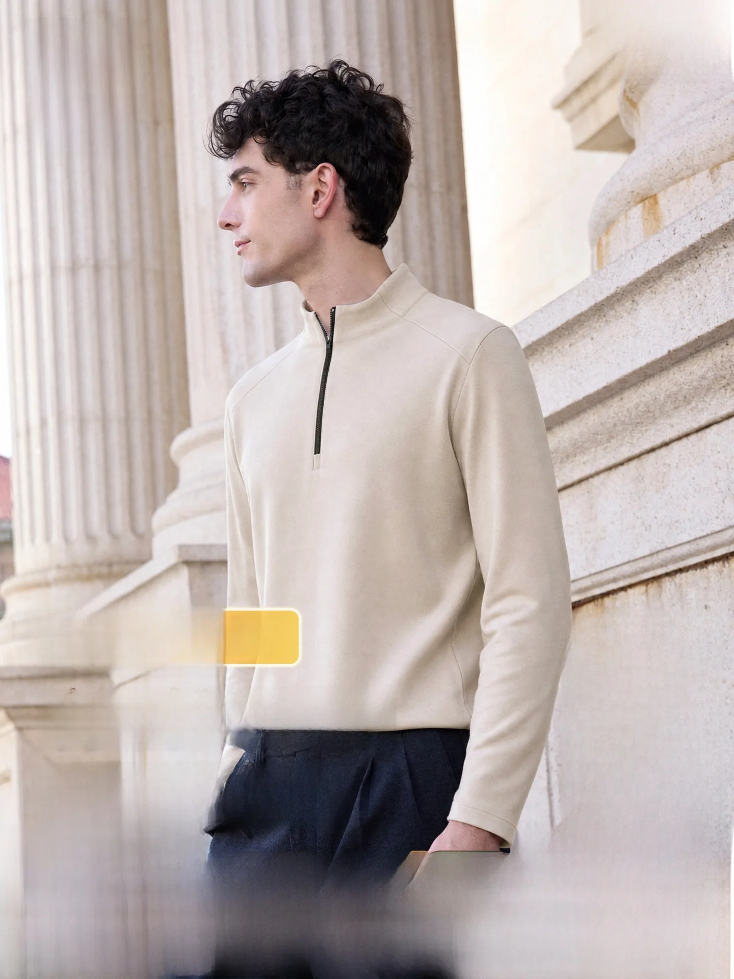 Hodo Long Sleeve Fleece Lined Men's T-Shirt Zipper Design Warm Elastic Outdoor Wearable Base Layer Shirt for Autumn Winter